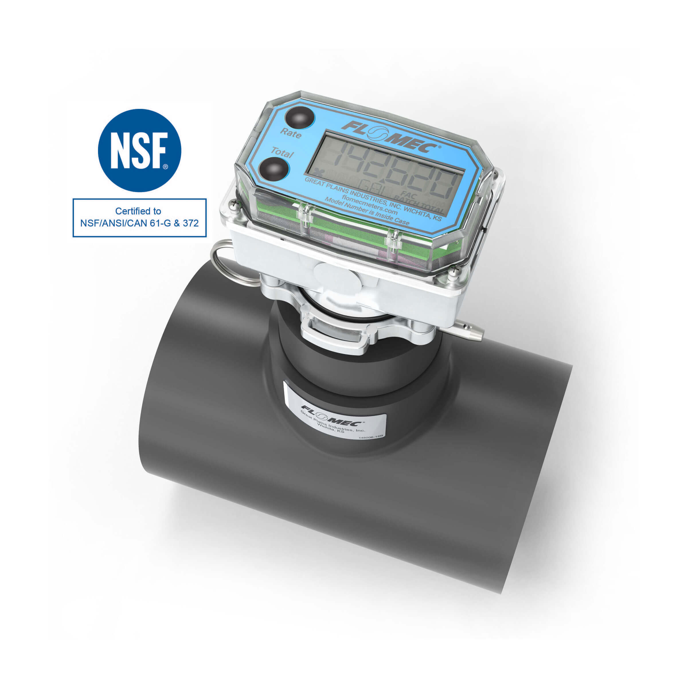 3" Ultrasonic Flow Meter with Digital Display, Schedule 80 PVC Tee, Socket