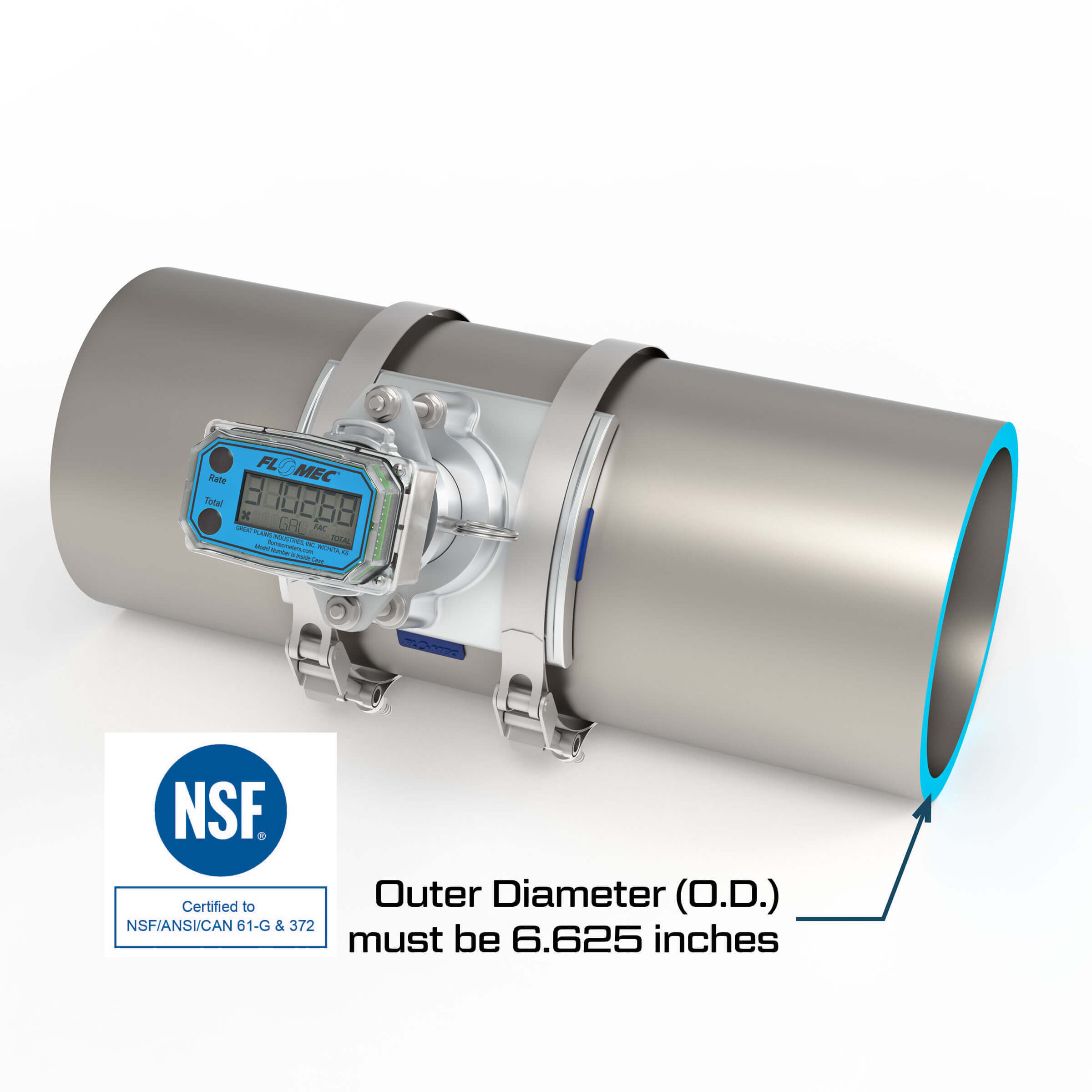 6" Ultrasonic Flow Meter with Digital Display, Saddle for NPS IPS Pipe