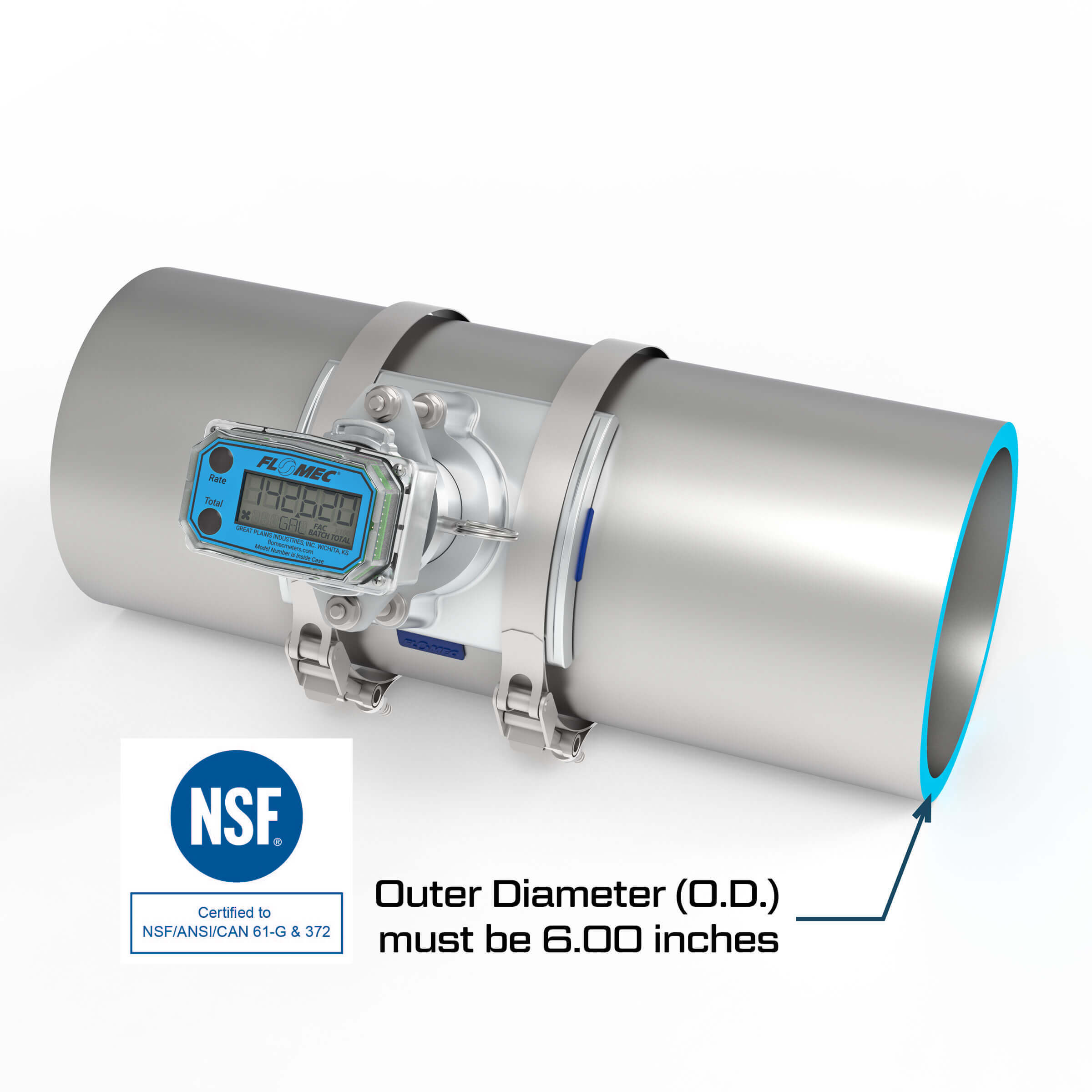 6" Ultrasonic Flow Meter with Digital Display, Saddle for Tube Pipe