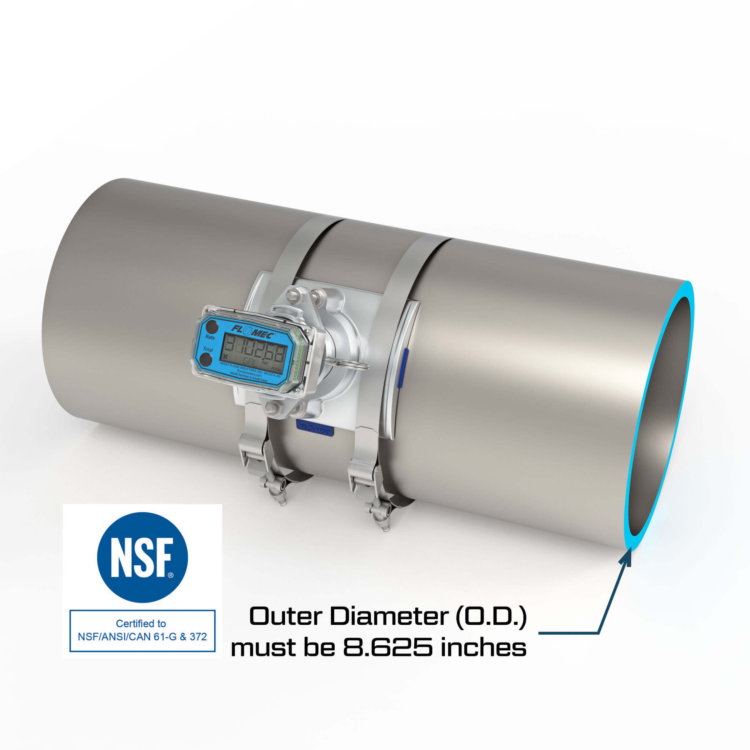 8" Ultrasonic Flow Meter with Digital Display, Saddle for NPS IPS Pipe