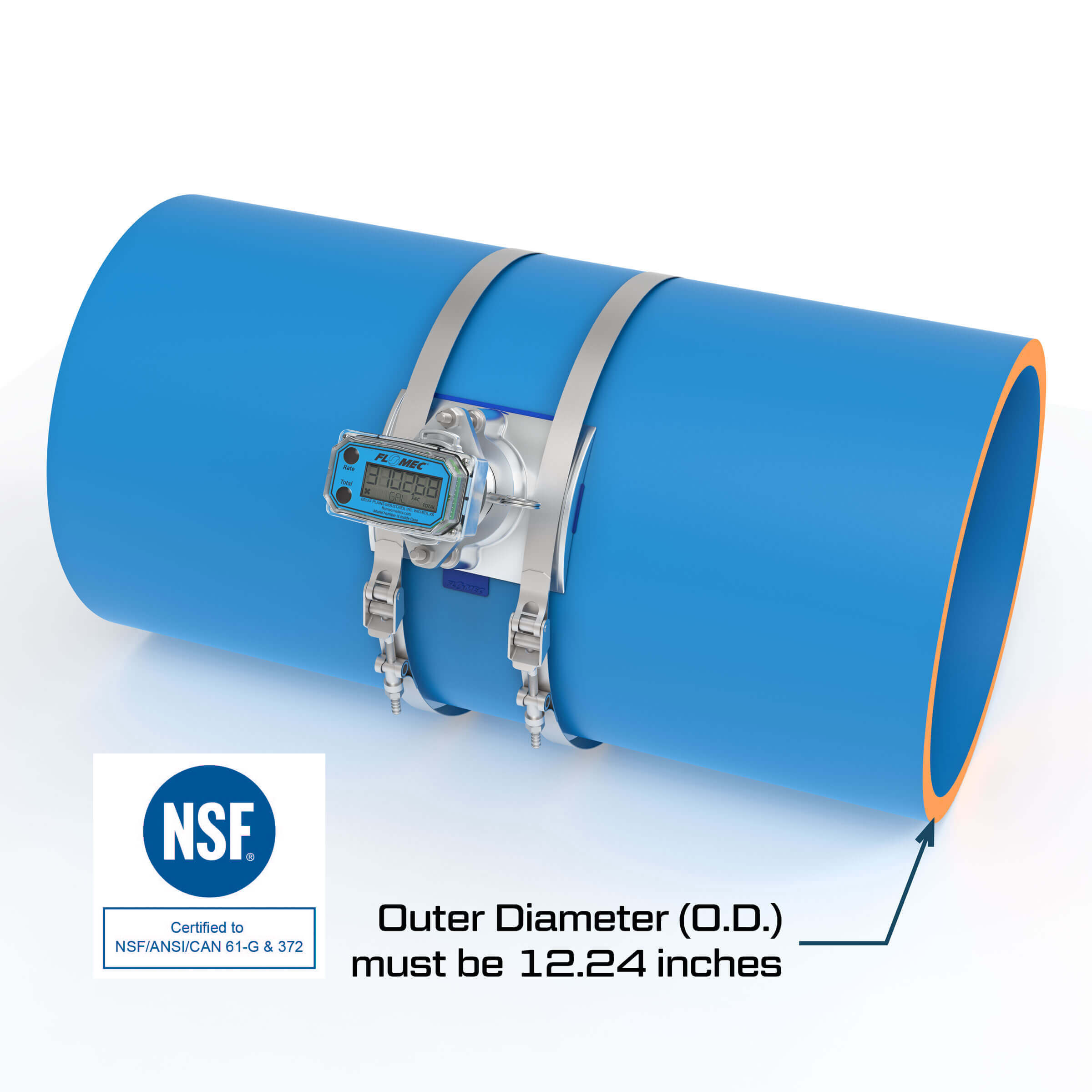 12" Ultrasonic Flow Meter with Digital Display, Saddle for Plastic Irrigation Pipe (PIP)