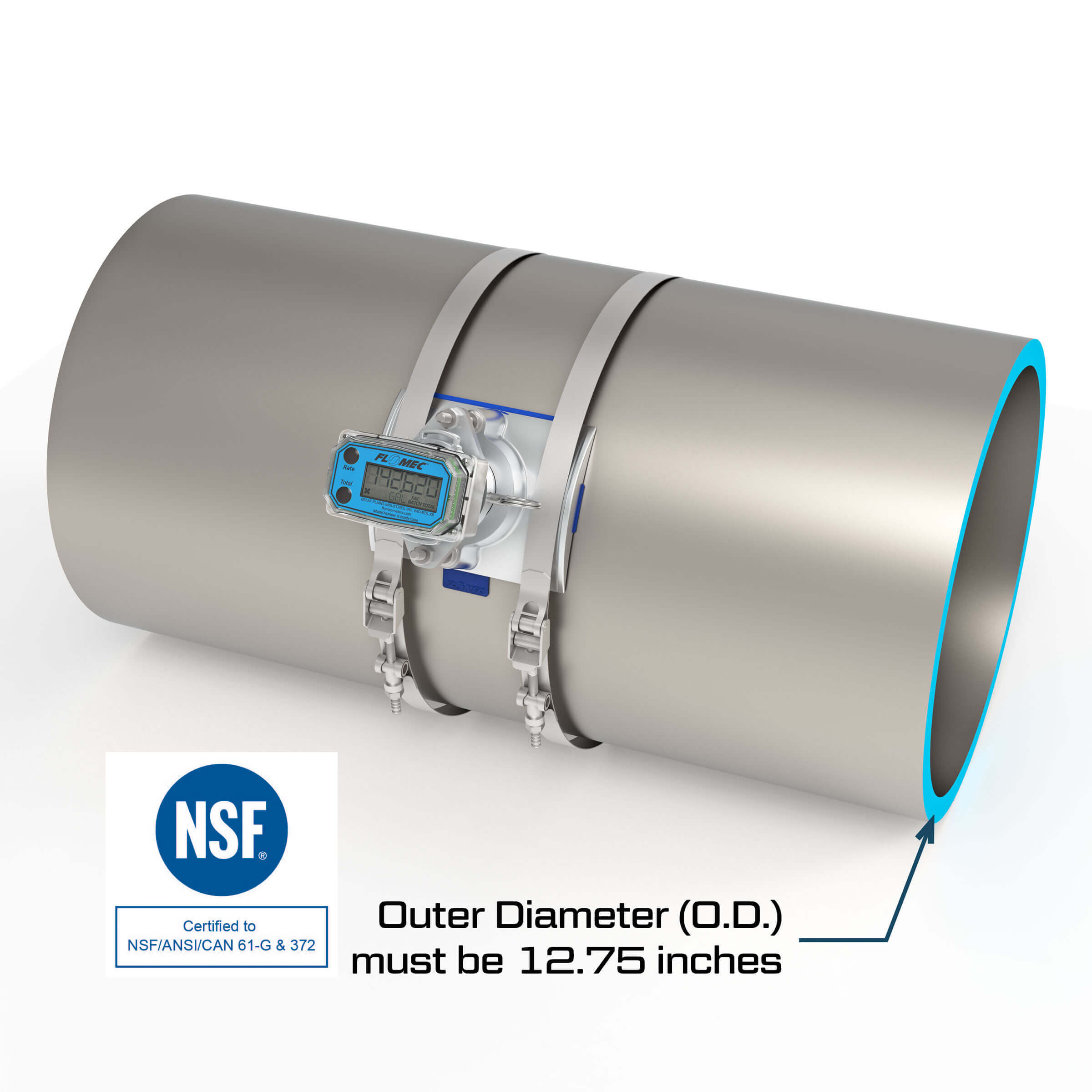 12" Ultrasonic Flow Meter with Digital Display, Saddle for NPS IPS Pipe