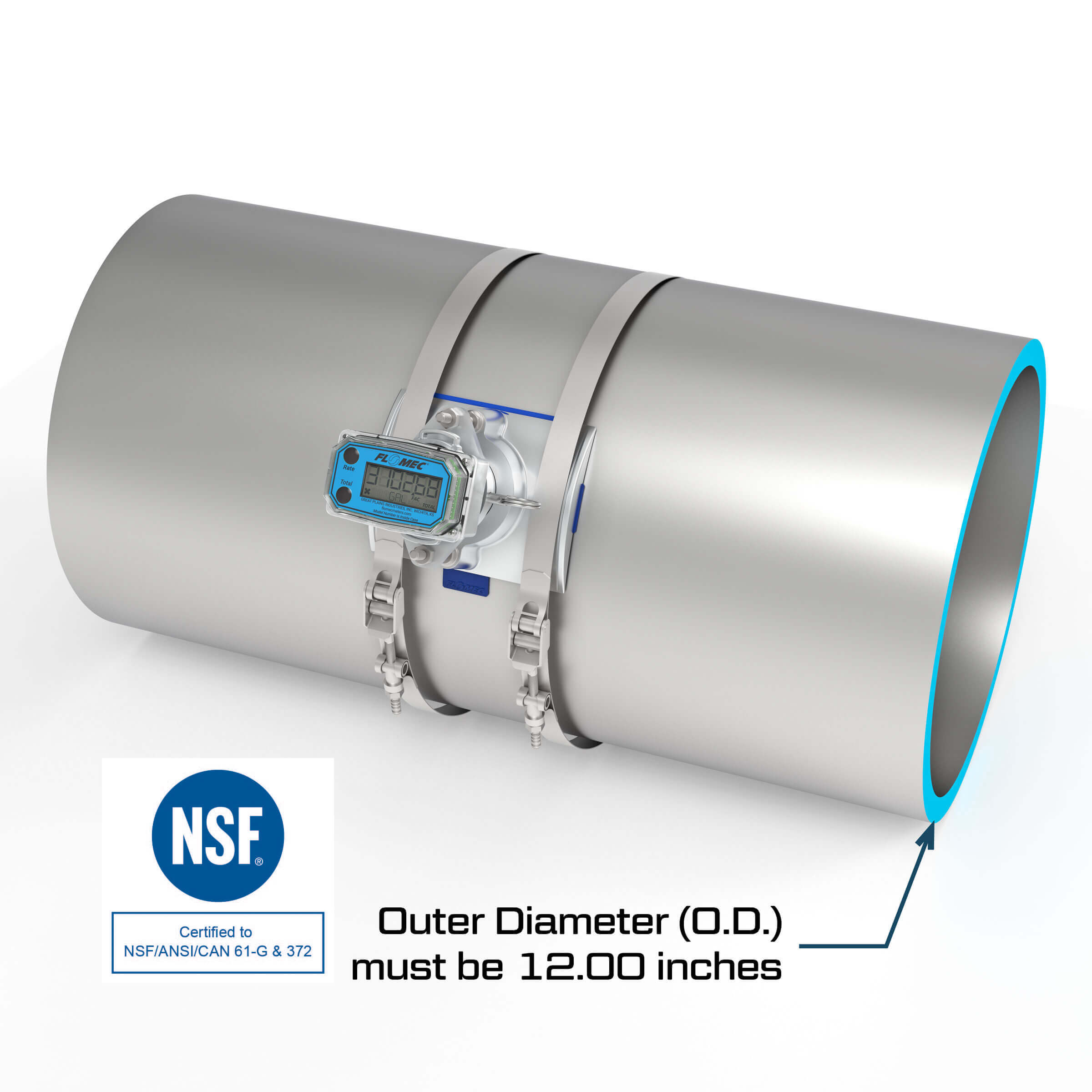 12" Ultrasonic Flow Meter with Digital Display, Saddle for Tube Pipe